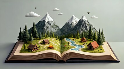 Whimsical Bookscape: Enchanted Mountain Valley with Cabins and Pine Forest