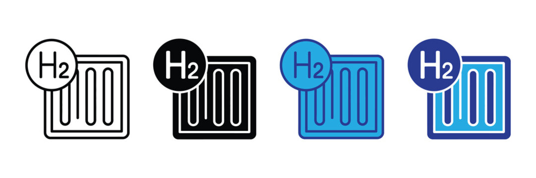 Hydrogen h2 fuel cell icon set representing clean energy storage, renewable power, and sustainable technology for automotive and industrial applications.