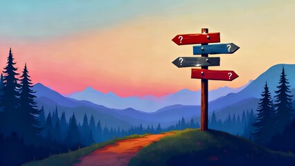 Sunset Crossroads: Mountain Trail Signposts with问号 Markers