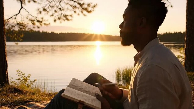 world introvert day man journaling quietly by lake sunset