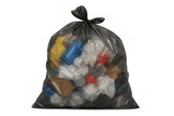 Black plastic garbage bag filled with domestic waste, household trash, and assorted refuse, showing items for disposal on transparent background