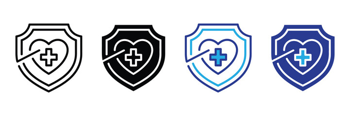Healthcare shield with cross and heart logo icons set isolated on white background, medical security emblem collection