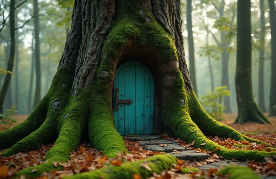 Tiny teal door set into mossy tree trunk in misty forest floor with fallen leaves. A stone path leads to the magical dwelling entrance, hinting at secrets within.