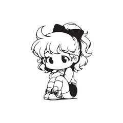 Beautiful Kawaii Girl Black and White Vector Illustration in Cute Simple Line Art Style