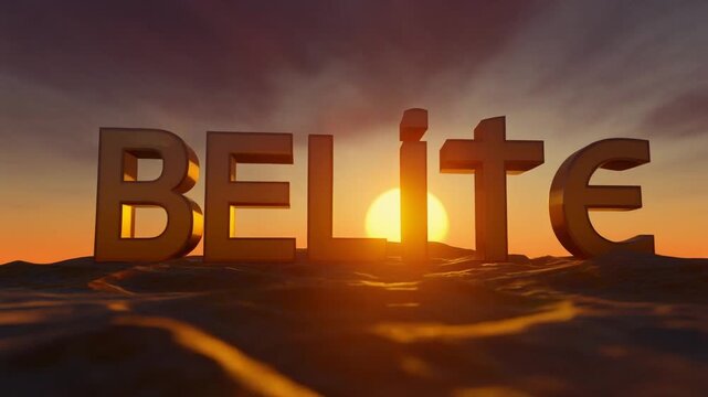 Golden sunset illuminates bold 3D letters spelling BELITE, symbolizing dawn of new beginnings, success, and ambitious ventures in a dynamic landscape.