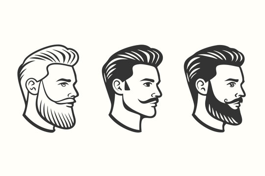 Three monochrome men with distinct beard and hair styles face right in unison