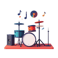 Illustrated Drum Kit with Musical Notes in Orange and Teal on White Background