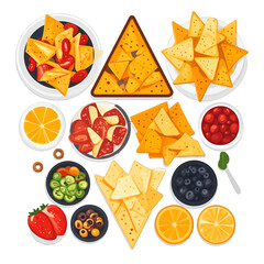 Overhead View of Appetizing Nachos Assortment with Colorful Toppings on White Background