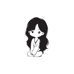 Beautiful Kawaii Girl Black and White Vector Illustration in Cute Simple Line Art Style