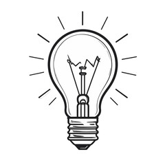 Stylized Black and White Line Art of a Glowing Light Bulb Idea Concept on White Background