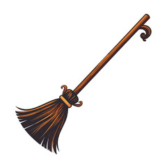 Brown Wooden Broom with Detailed Bristles on White Background