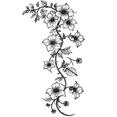 Elegant Floral Vine with Blossoms and Leaves in Black and White Outline Against a Neutral Backdrop