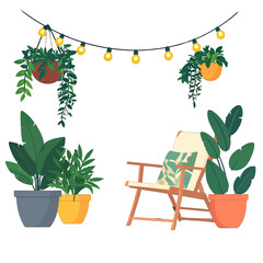 Pixel Art Illustration Featuring Indoor Garden with Plants in Pots Chair and Decorative Lights on Transparent Background