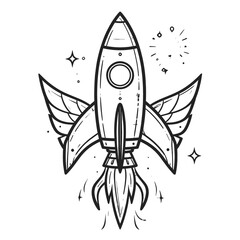 Monochrome Illustration of a Rocket with Wings Taking Flight on White Background