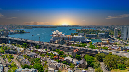 18 November 2025 Panoramic night view of Sydney Harbour and City Skyline of NSW Australia beautiful colourful skies on a beautiful spring day