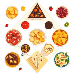 Various Foods on Plates Overhead View Flat Lay on Square White Background