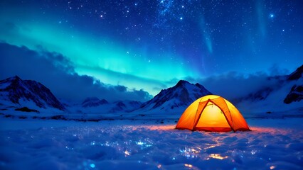 Arctic Aurora Camping: Illuminated Tent Under Starry Northern Lights
