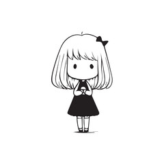 Beautiful Kawaii Girl Black and White Vector Illustration in Cute Simple Line Art Style