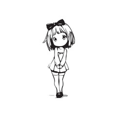 Beautiful Kawaii Girl Black and White Vector Illustration in Cute Simple Line Art Style