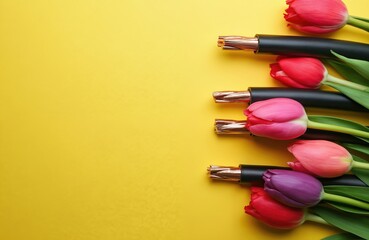 Electrical cables with colorful tulips arranged on bright yellow background. Copper wires visible at end of black insulation, connection, growth. Tulips represent spring, beauty, new beginnings.