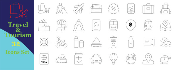 Minimal travel line icons: world map, navigation, compass, airplane, ticket, baggage, suitcase, ship, bicycle, camping, car, beach, destination, sightseeing, tourism, fun.
