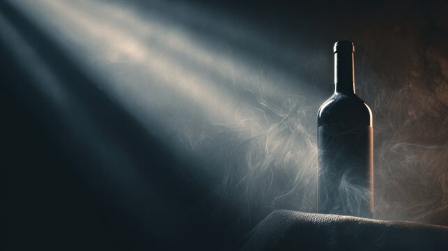Elegant Wine Bottle Captured in Dramatic Spotlight With Deep Shadows and Atmospheric Smoke for a Cinematic Effect