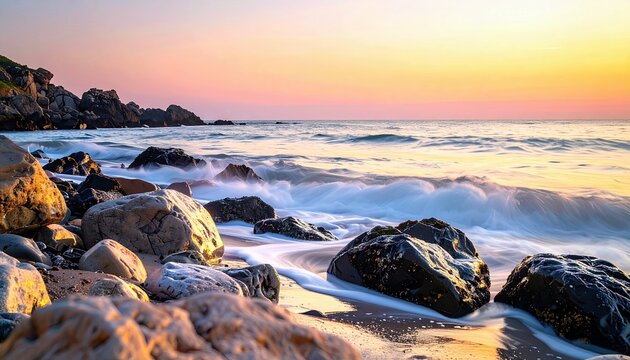 A serene sunrise over a rocky beach with waves gently lapping at the shore.