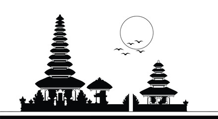 Serene temple silhouette under a full moon with soaring birds