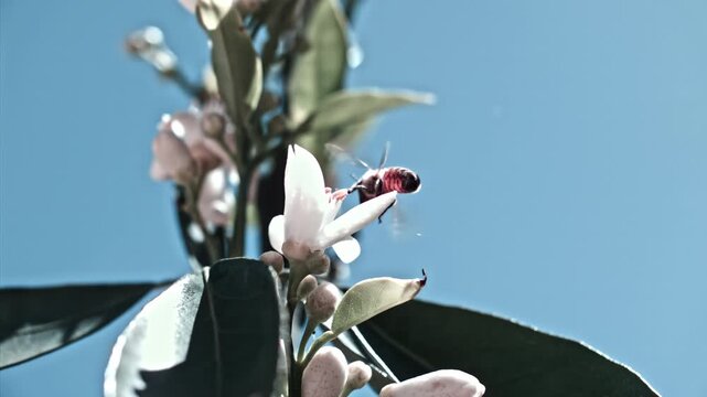 A bee takes off full of polen on a white blossom under bright blue skies, Citrus