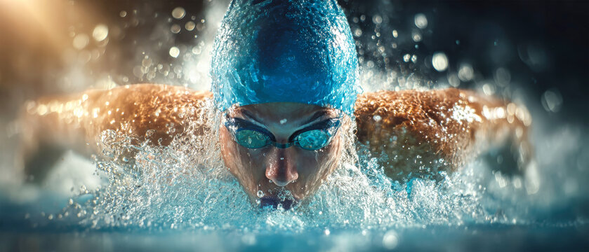 Competitive swimmer performing butterfly stroke in a pool during a race