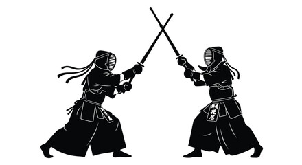 Two kendo warriors clash swords in dynamic martial arts duel
