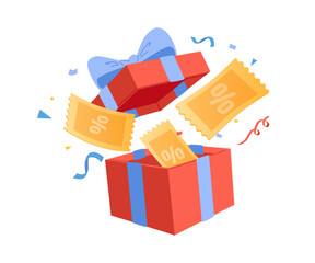 Red open gift box with yellow ribbon, big sale, discount voucher, coins. Holiday shopping and celebration. Flat vector