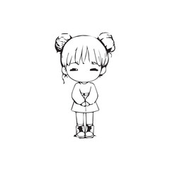 Beautiful Kawaii Girl Black and White Vector Illustration in Cute Simple Line Art Style