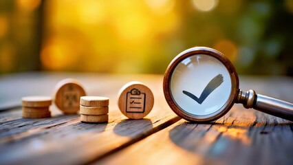 Sunlit Verification: Magnifying Glass Over Checkmark with Wooden Tokens