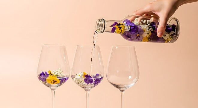 Hand pouring colorful edible flowers from a decorative bottle into wine glasses on a soft peach background