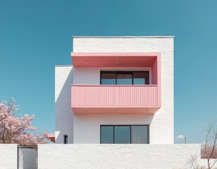 Modern white brick house with pink balcony and cherry blossom tree. Clear blue sky contrasts with clean architecture. Minimalist residential building exterior.
