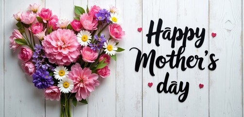 Festive greeting for mothers day. Bouquet heart shape of pink flowers and text message on white wood desk. Floral arrangement on rustic background. Mothers holiday backdrop with bloom petals.
