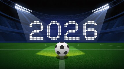 Exciting 2026 soccer championship stadium anticipation with bright lights shining down on the field and soccer ball, ready for the big game action
