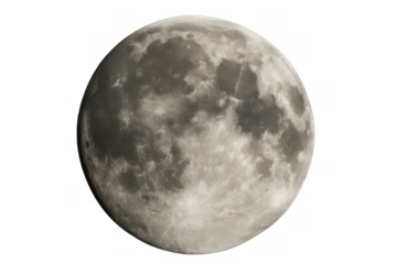 Full moon showing visible craters and lunar surface details isolated on transparent background