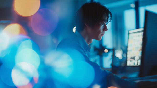 Focused programmer working with digital bokeh lights