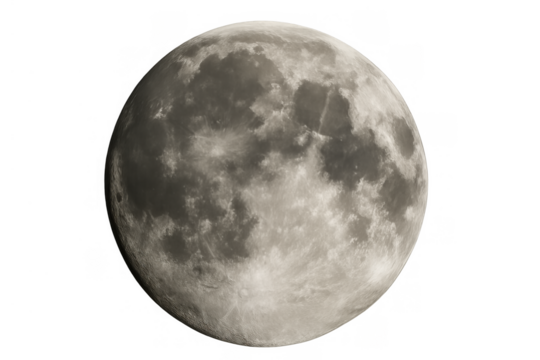 Full moon showing visible craters and lunar surface details isolated on transparent background