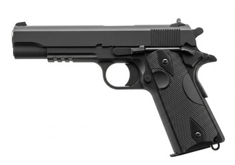 Black semi-automatic handgun, a pistol firearm for self-defense isolated on white background