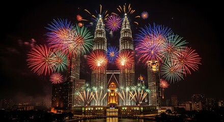 Spectacular Fireworks Display Illuminating the Iconic Twin Towers at Night.