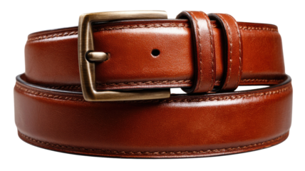 Close-up of brown leather fashion belts with metal buckles, isolated as a personal clothing accessory