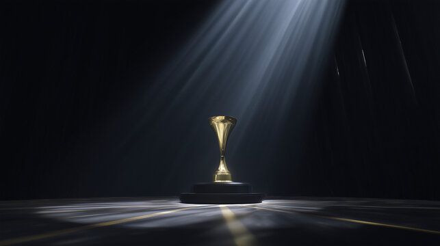elite. Shining gold trophy displayed on a velvet podium under dramatic spotlight, evoking an elegant award ceremony. event key visuals.