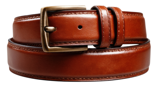 Close-up of brown leather fashion belts with metal buckles, isolated as a personal clothing accessory