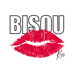 Bisou - French means Kiss, lettering with a bright red lip kiss accent. Stylish, romantic, and modern graphic perfect for fashion prints, stickers, posters, t-shirts, and love-themed designs.
