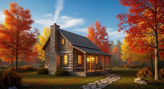 Cozy Log Cabin in Autumn Landscape with Vibrant Foliage.