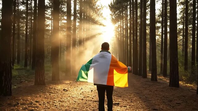 Man with an irish flag walking through a forest at sunset
