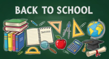 Educational Chalkboard Design Featuring Books, Stationery, and Back-to-School Text